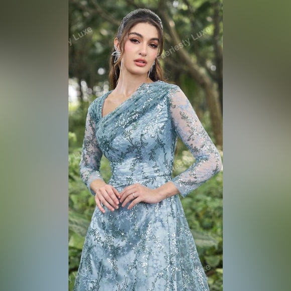 Sequin Asymmetrical Neck 3/4 Sleeves Formal Dress Woman Formal Ball Gown. - Picture 8 of 10